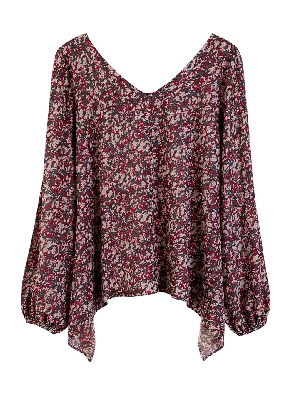 BCBGeneration Flowy High-Low Blouse Small – Multicolor Print with Keyhole Back